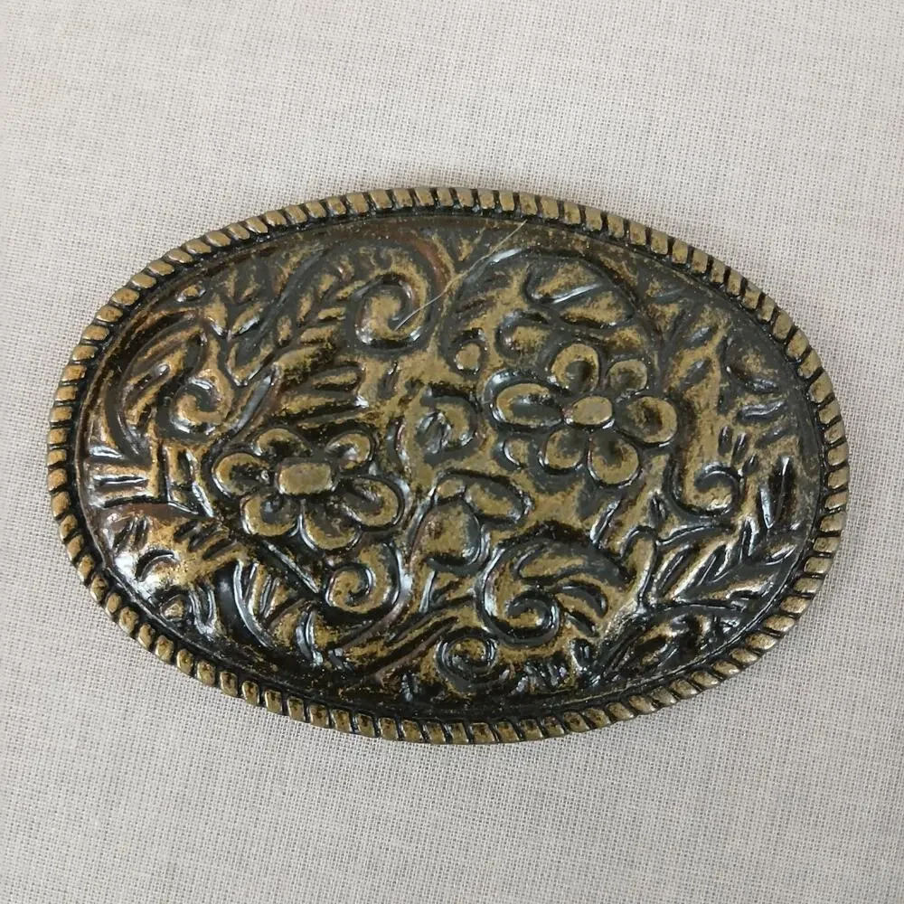 oval brass floral vintage belt buckle scarf slide 3